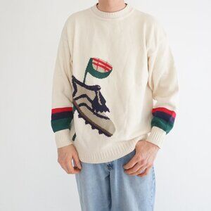 VTG Academy of Golf Cream Golf Shoe Flag Ball Country Club Cotton Knit Sweater L